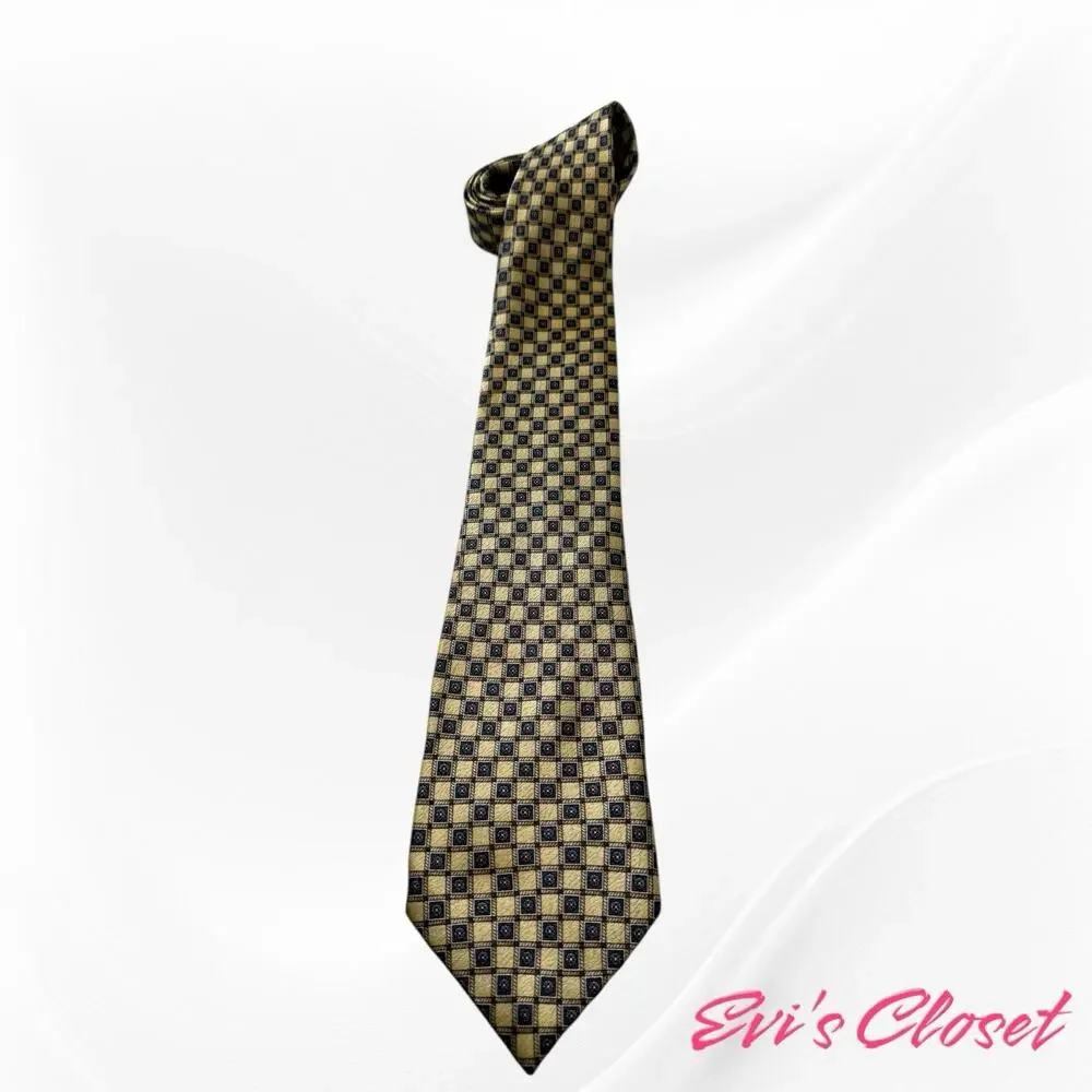 Vintage Pierre Cardin Men’s Tie, Gold w/ Blue Geometric Pattern 100% Silk